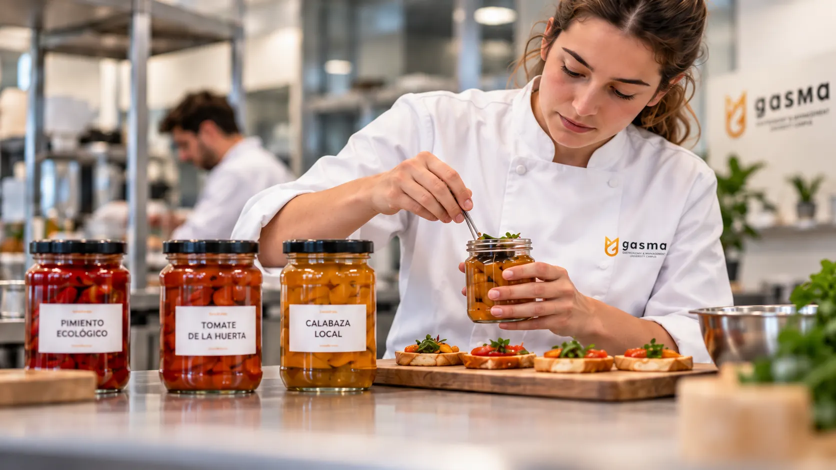 Una estudiante rellena un tarro de conservas junto a tarros etiquetados de pimiento, tomate y calabaza