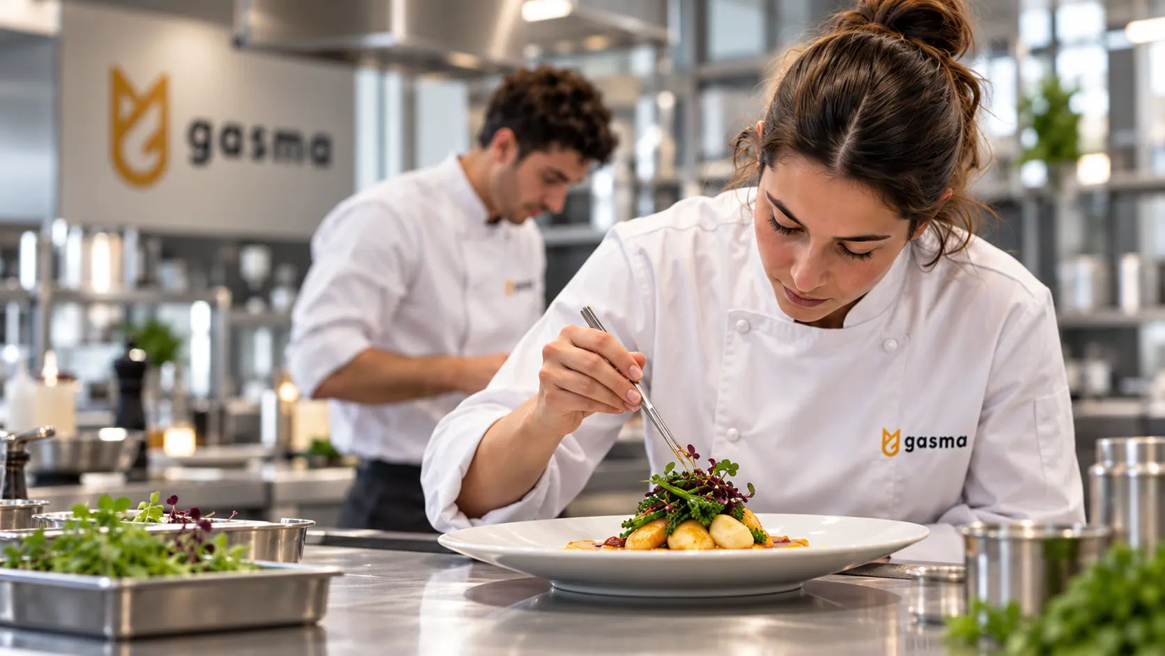 Una estudiante emplata con pinzas un plato mientras un compañero trabaja detrás, en una cocina de GASMA