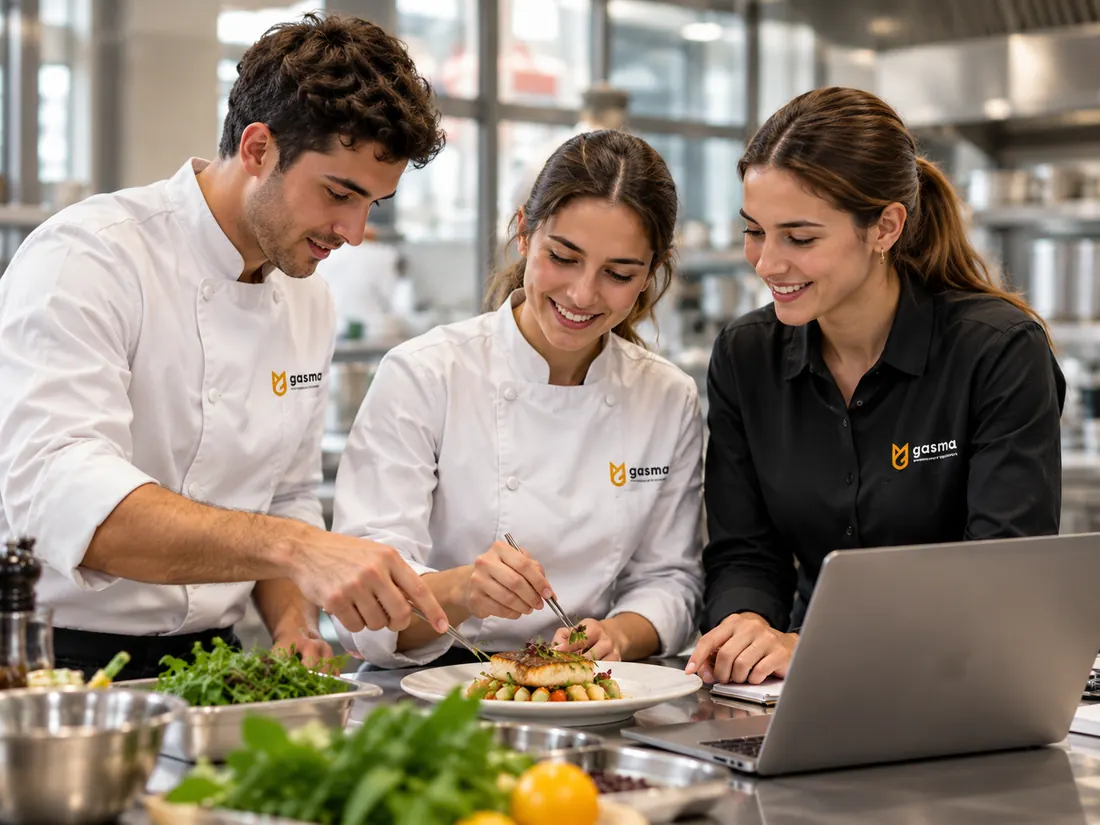 Dos estudiantes y una asesora trabajan en un plato y revisan un proyecto en un portátil