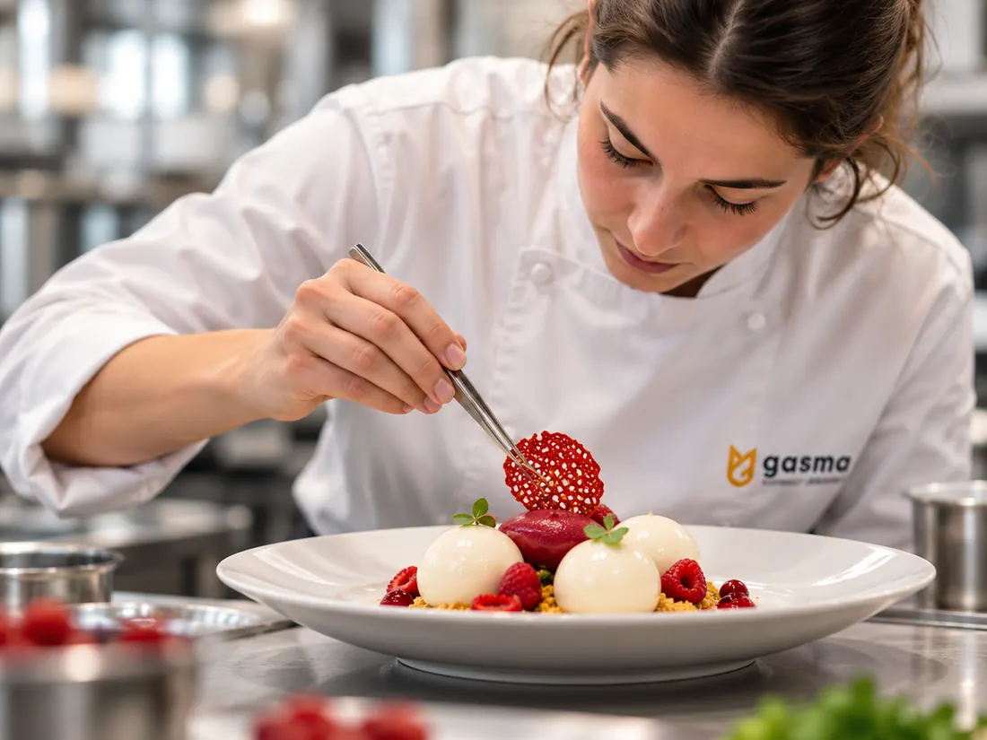 Una estudiante emplata con pinzas un postre de frutos rojos y nata